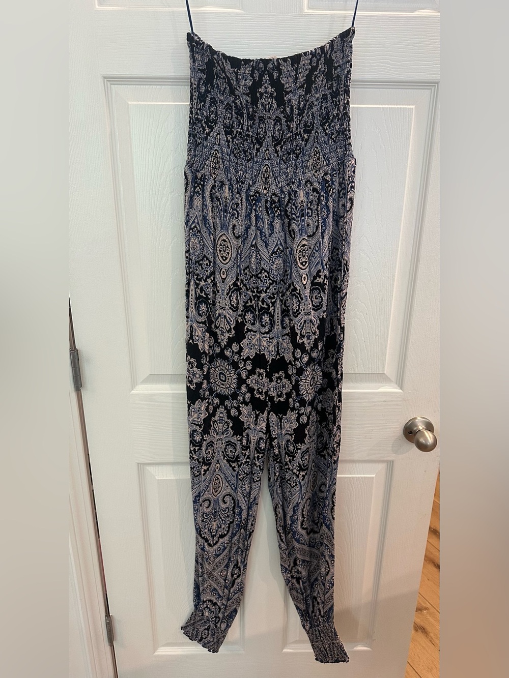 Free People Black and Blue Paisley Smocked Jumpsuit